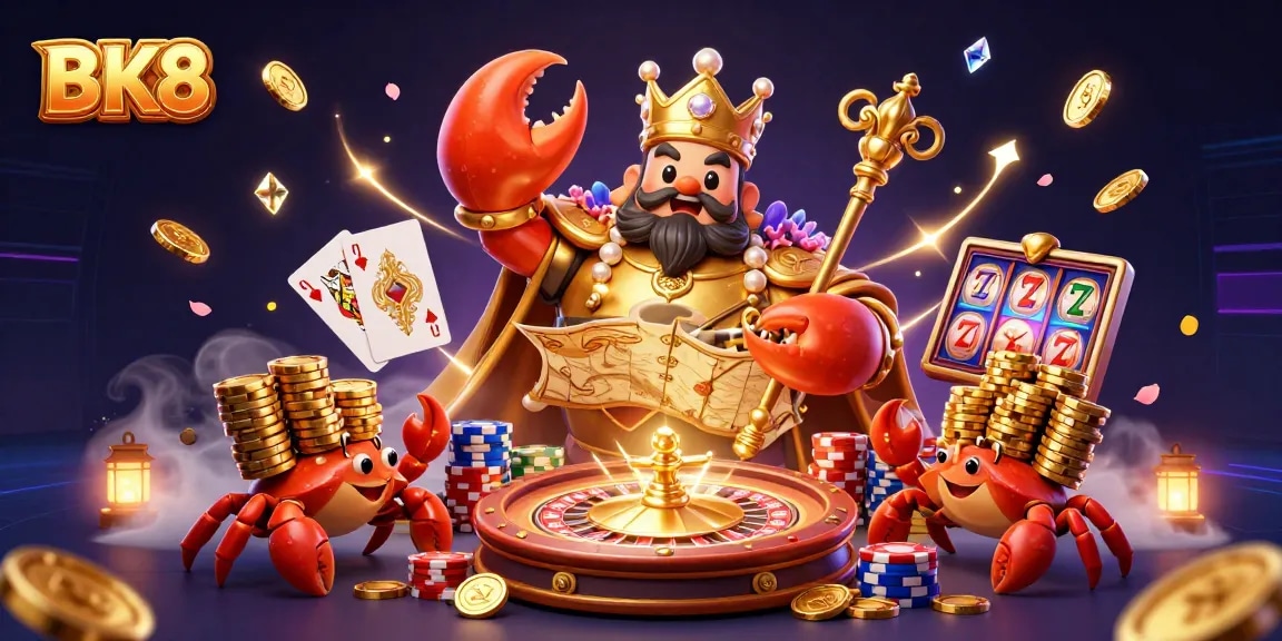 Experience BK8's thrilling empire where a golden crab emperor reigns over exciting casino games and treasures.