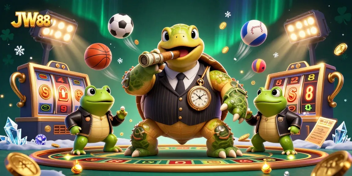 Experience thrilling slots with JW88's massive turtle icon in a vibrant casino scene.