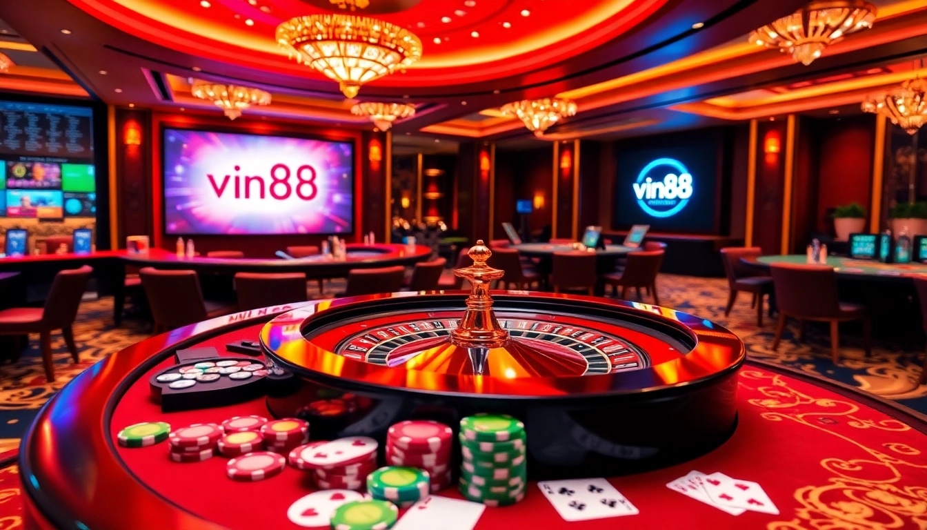 Experience the excitement of vin88 chính thức at a vibrant casino scene with a roulette table and colorful chips.