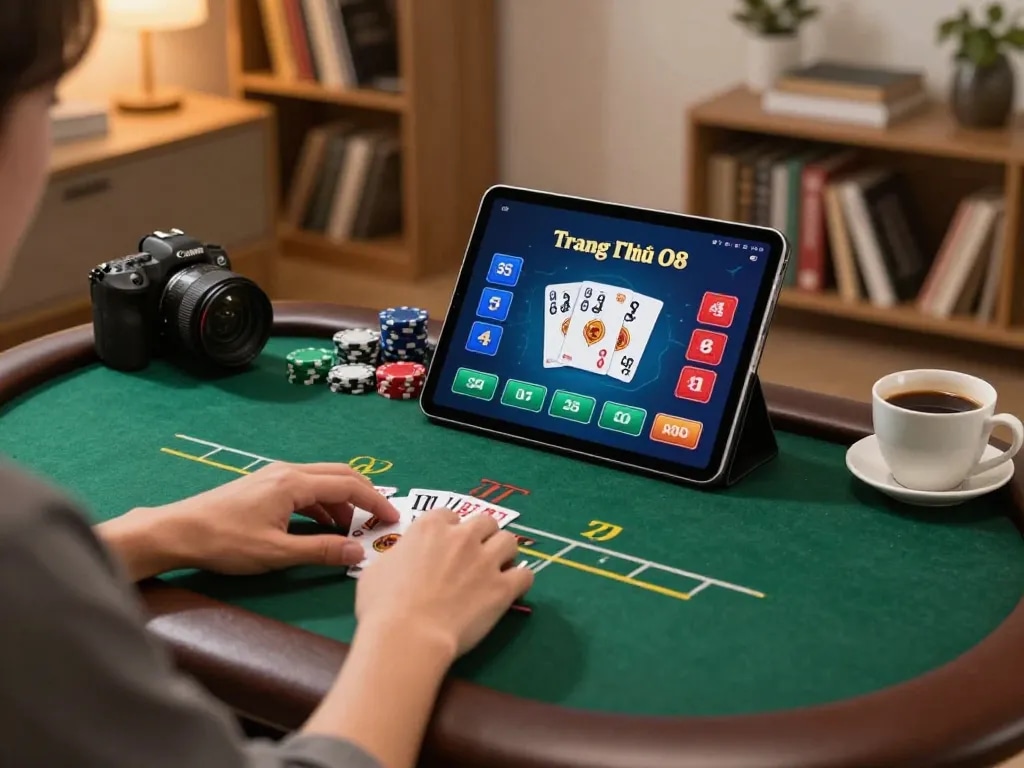 Enjoying poker gameplay at Trang Chủ O8 with tablet setup in cozy home ambiance
