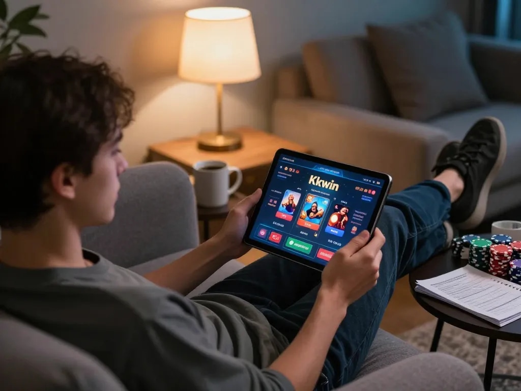 Kkwin online gaming setup with participant enjoying casino experience from home
