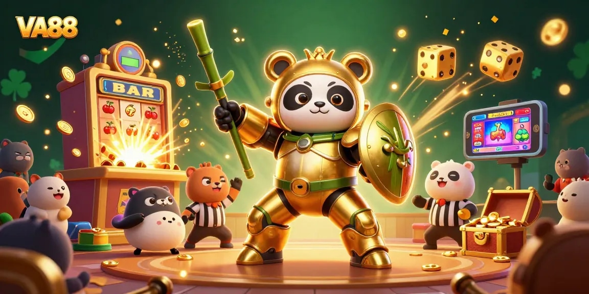VA88 showcases an energetic casino scene with cartoon characters amidst a jackpot explosion of coins.