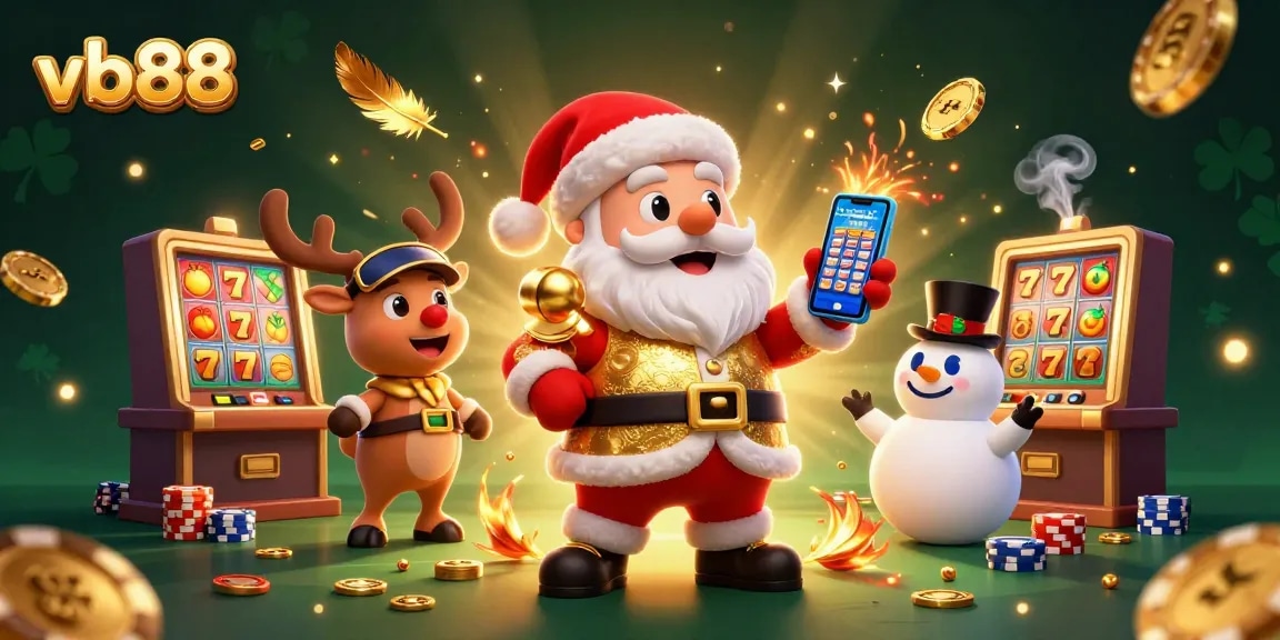 Spin the reels at vb88 with Santa, a reindeer dealer, and a poker chip snowman!