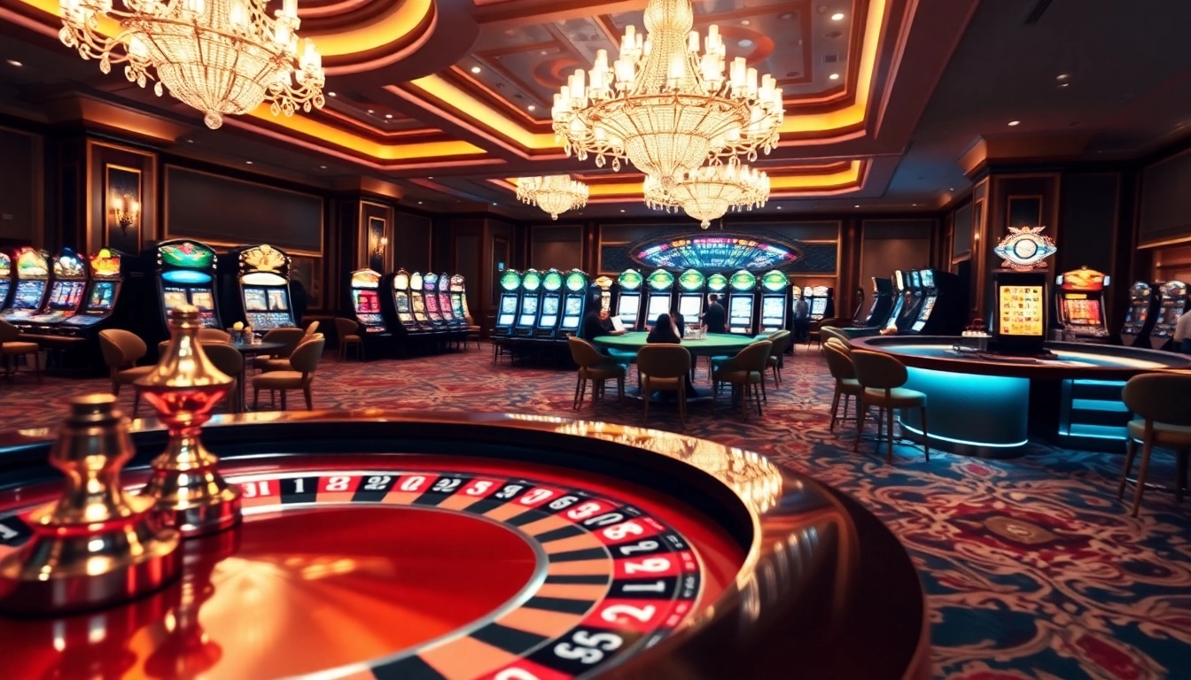 Players enjoying a thrilling game of roulette at 89 bet casino, surrounded by vibrant slot machines.