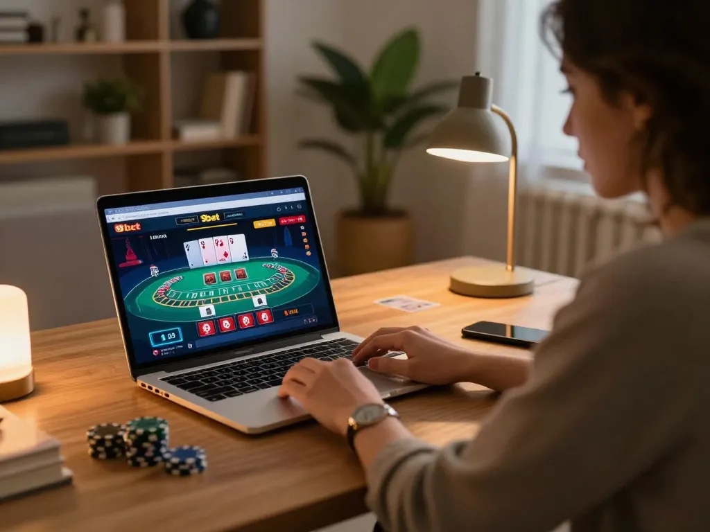 Player engaged in a live dealer game on 9bet's online platform from a stylish home setup