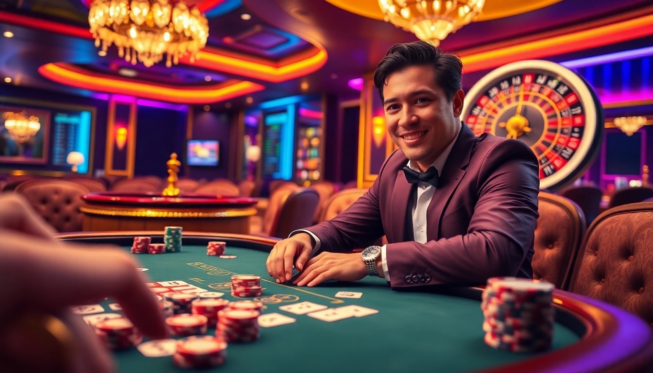 Experience thrilling gambling at Sunwin's luxurious poker table with vibrant roulette in the background.
