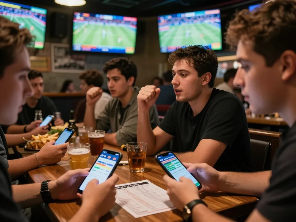 Kèo nhà cái sports betting enthusiast engaging with live odds in a vibrant pub setting