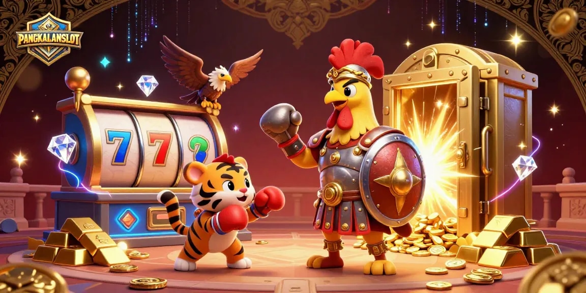 PANGKALANSLOT showcases a thrilling slot machine battle with a gladiator rooster, a tiger cub sparring partner, and trending game visuals.