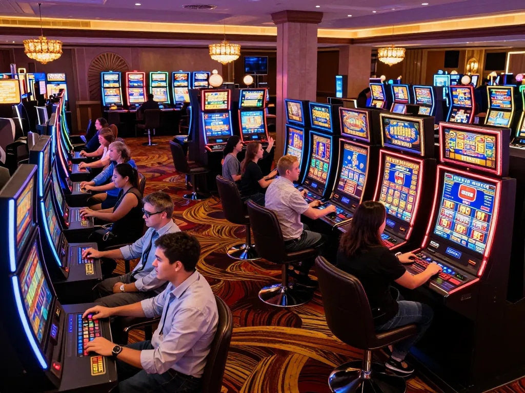 Players engaging with various slot machines at 888slot casino, lighting up the vibrant floor with excitement