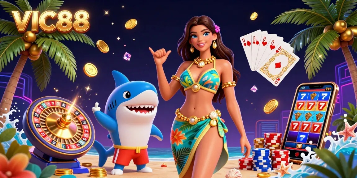 Experience the vibrant energy of VIC88 with spinning roulette wheels and golden coins cascading all around.