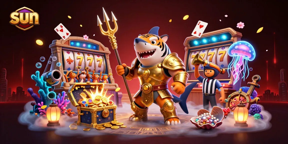 Sun-themed casino illustration with a tiger shark in a dramatic underwater scene, featuring slot game elements.