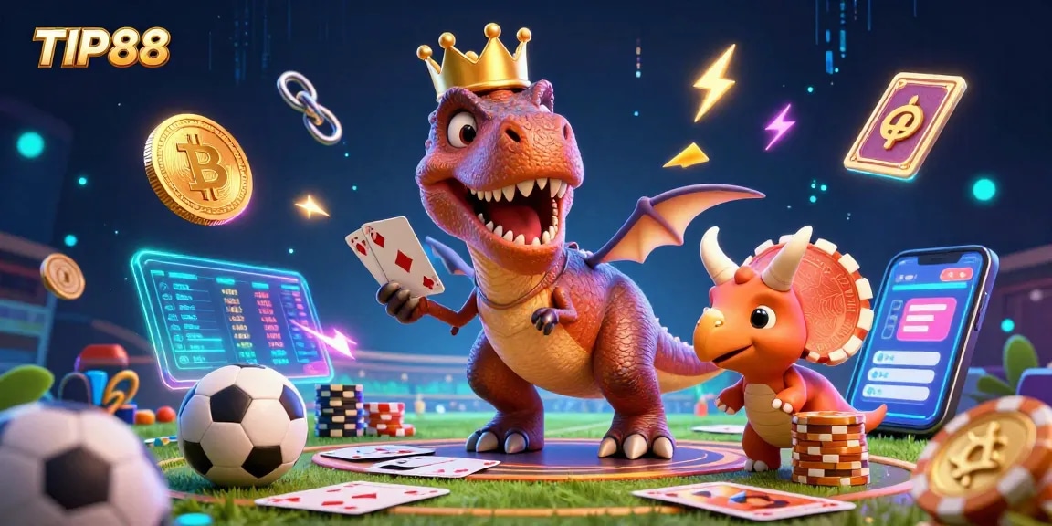 Betting with TIP88: A colorful scene featuring a T-Rex and friends engaging in thrilling sports bets.