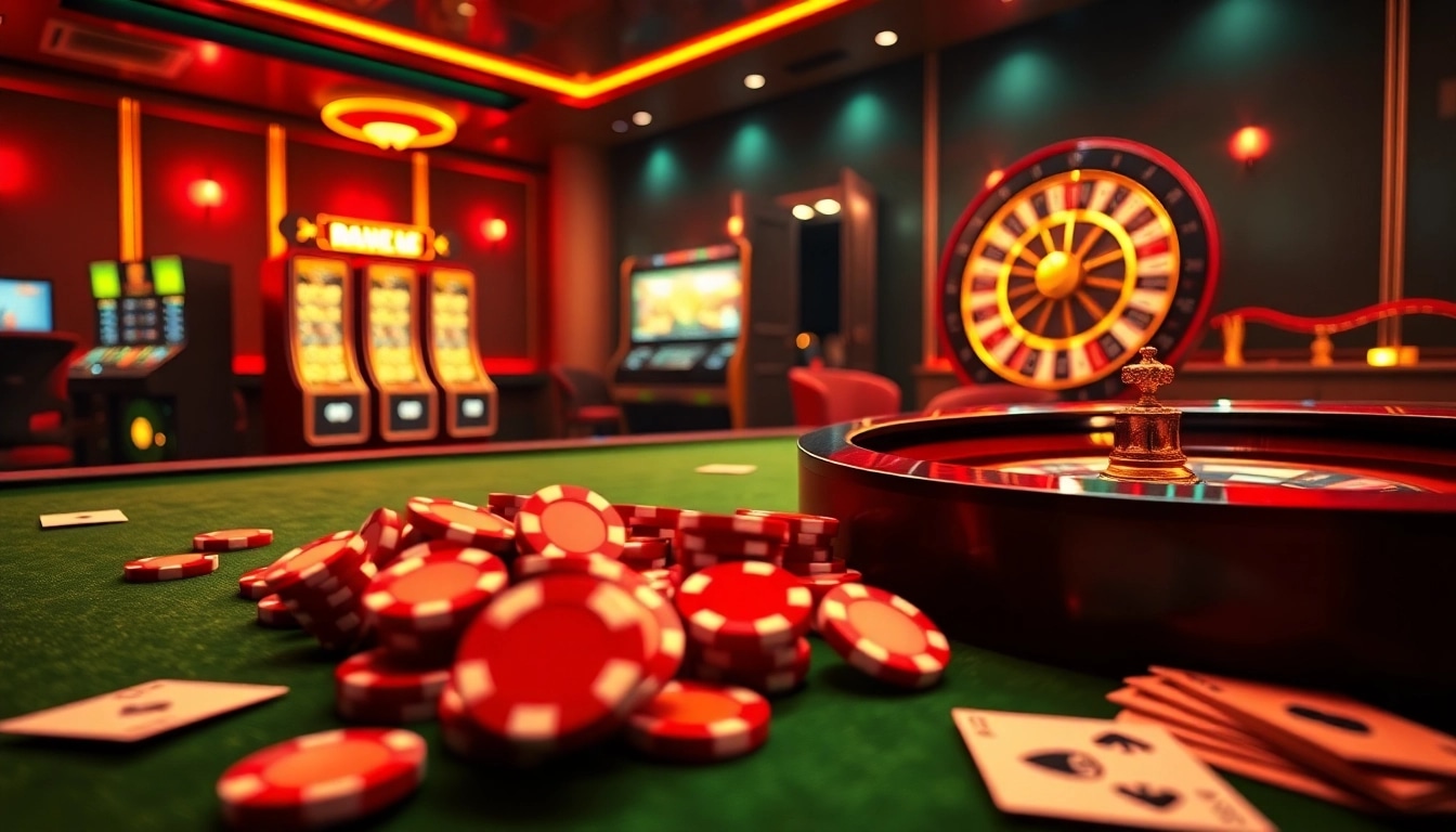 Engage with the vibrant atmosphere of TRANG CHỦ LUCK8, featuring poker chips and a roulette wheel in a luxurious casino scene.