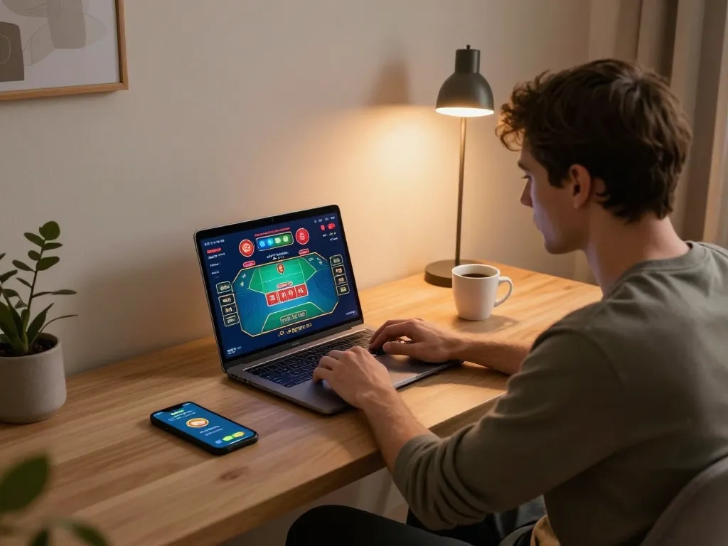 Player engaging in 8kbet online casino gameplay on laptop, showcasing a cozy home gaming setup.