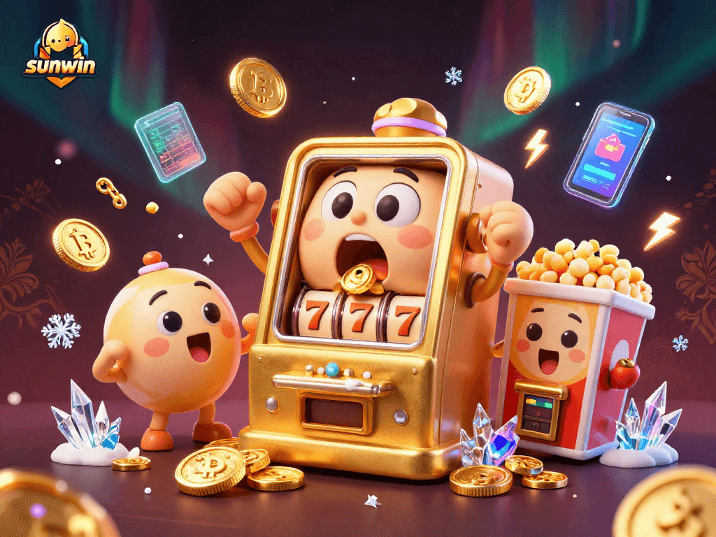 Win big at sunwin with a 3D golden slot machine celebrating a jackpot with coins flying everywhere!