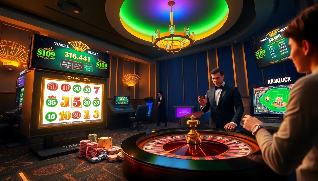Players enjoying Rajaluck's immersive online casino experience with vibrant slot machines and engaging visuals.