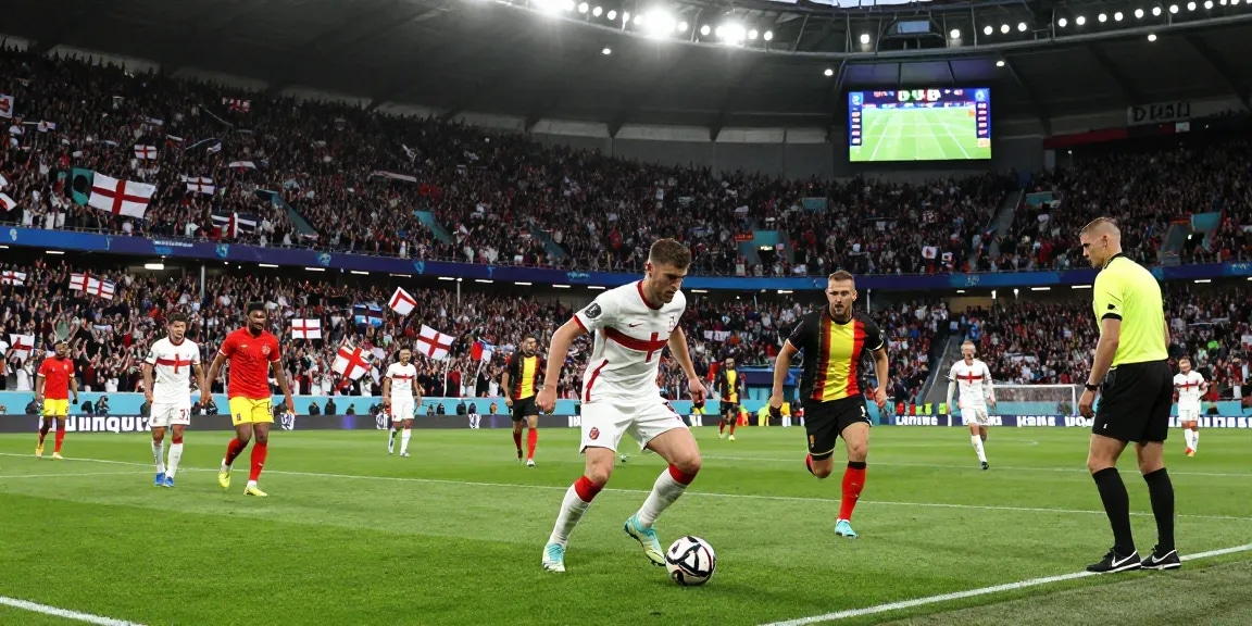 Engeland België voetbalwedstrijd met enthousiaste fans in het stadion.