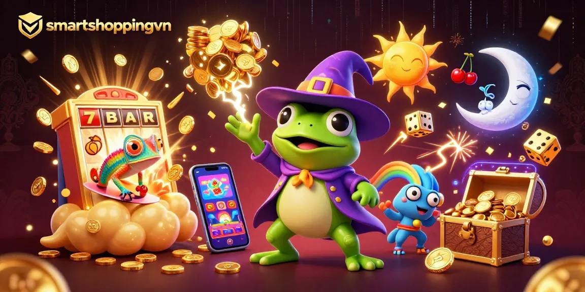 Engage in gaming excitement with smartshoppingvn featuring a wizard frog creating golden coins storm.