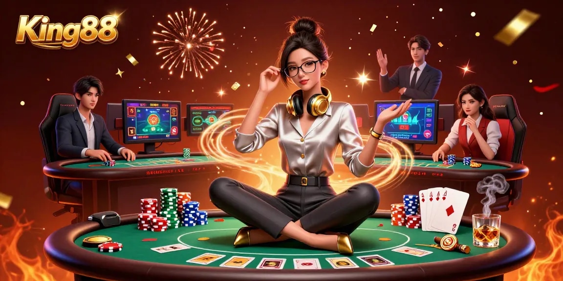 Experience King88's vibrant online casino atmosphere with elegant gaming setups and thrilling poker elements.