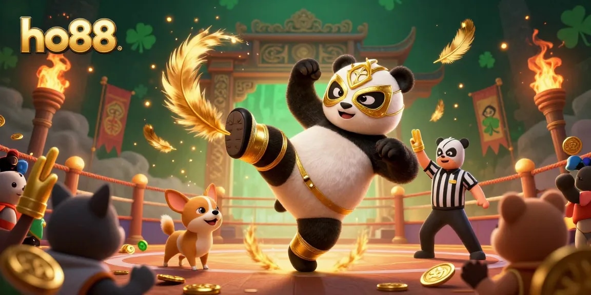 ho88 sports betting event with a thrilling panda wrestler in action and excited animal fans.