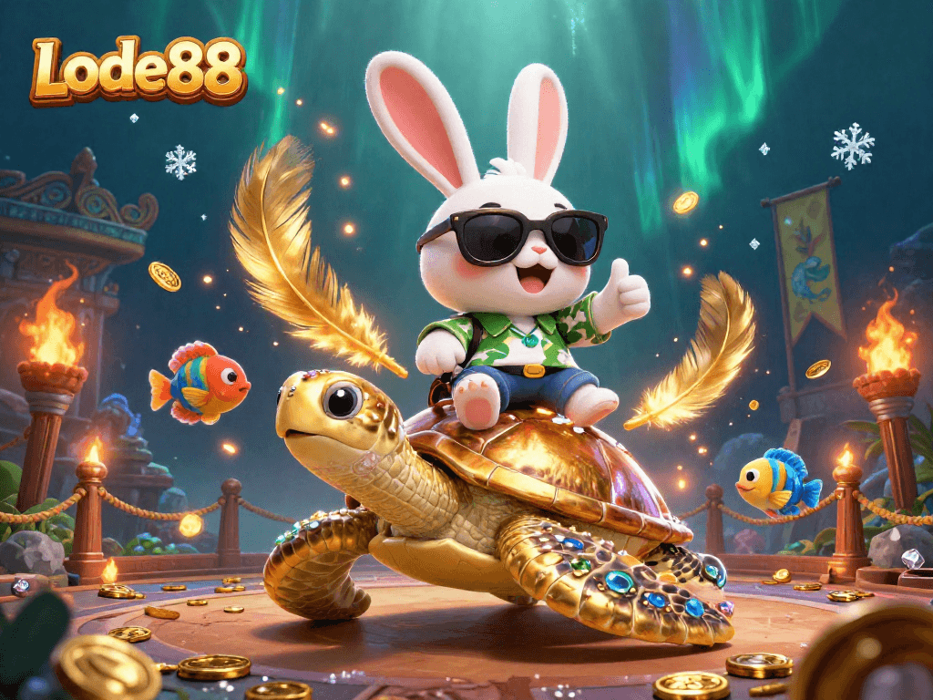Lode88 showcases a vibrant 3D illustration of a lucky rabbit and golden turtle amid casino scenes!