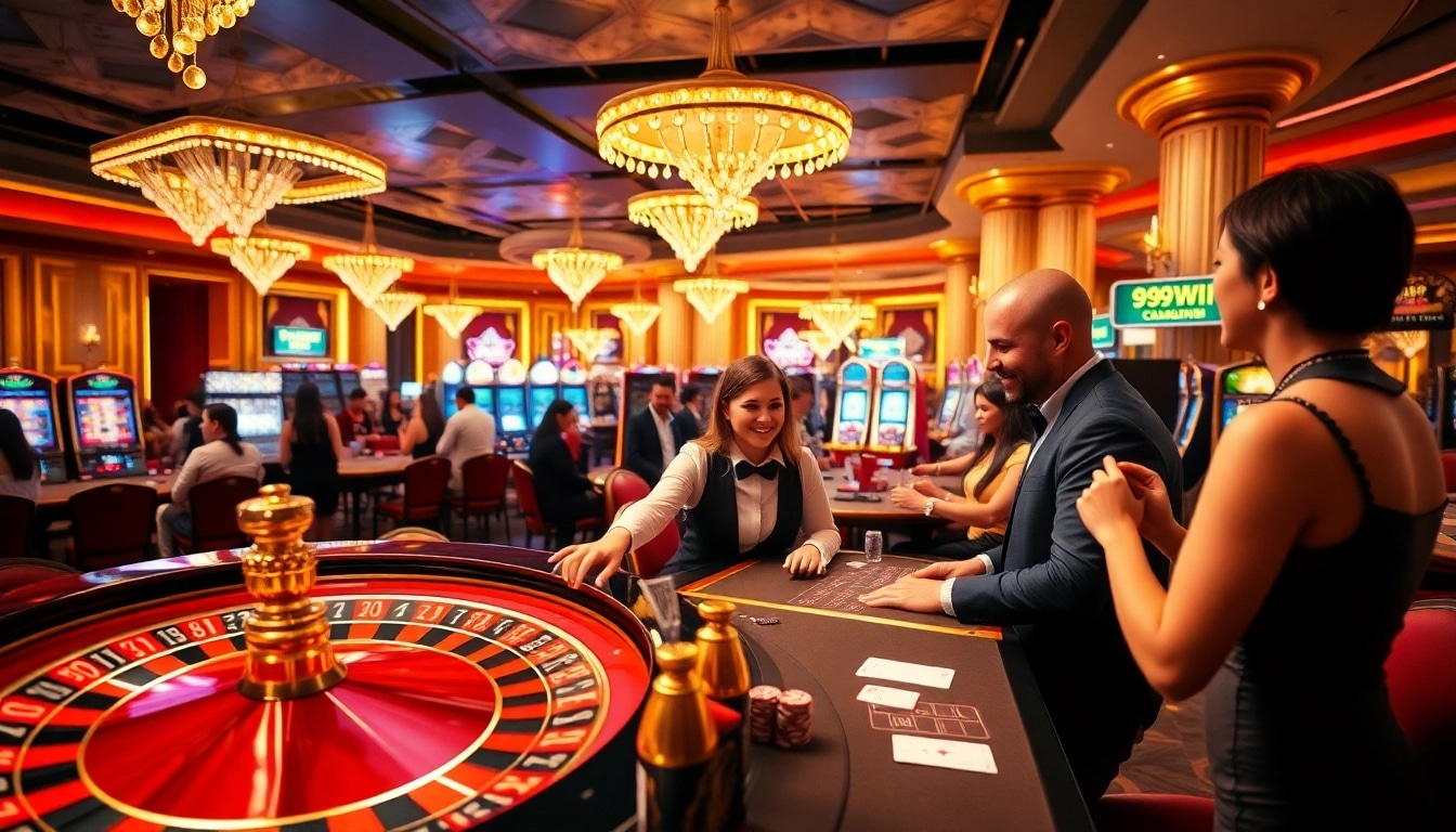 Win big at 99WIN with a thrilling casino atmosphere featuring poker tables and roulette wheels.