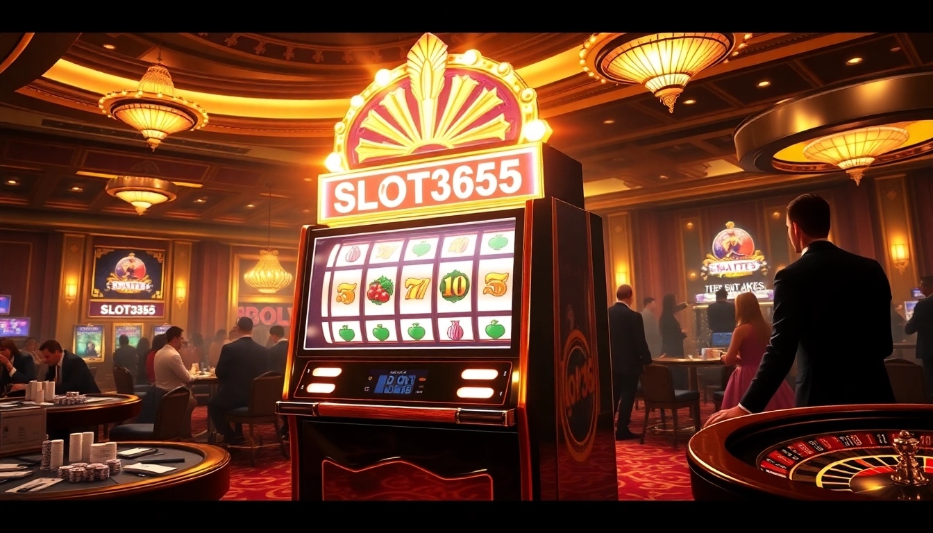 Players enjoying a thrilling moment at the slot365 casino slot machine amidst a glamorous setting.
