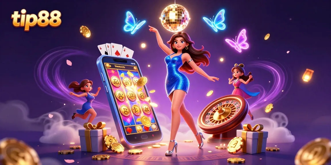 Join the tip88 action with vibrant slot games and dazzling casino elements in an electrifying scene.