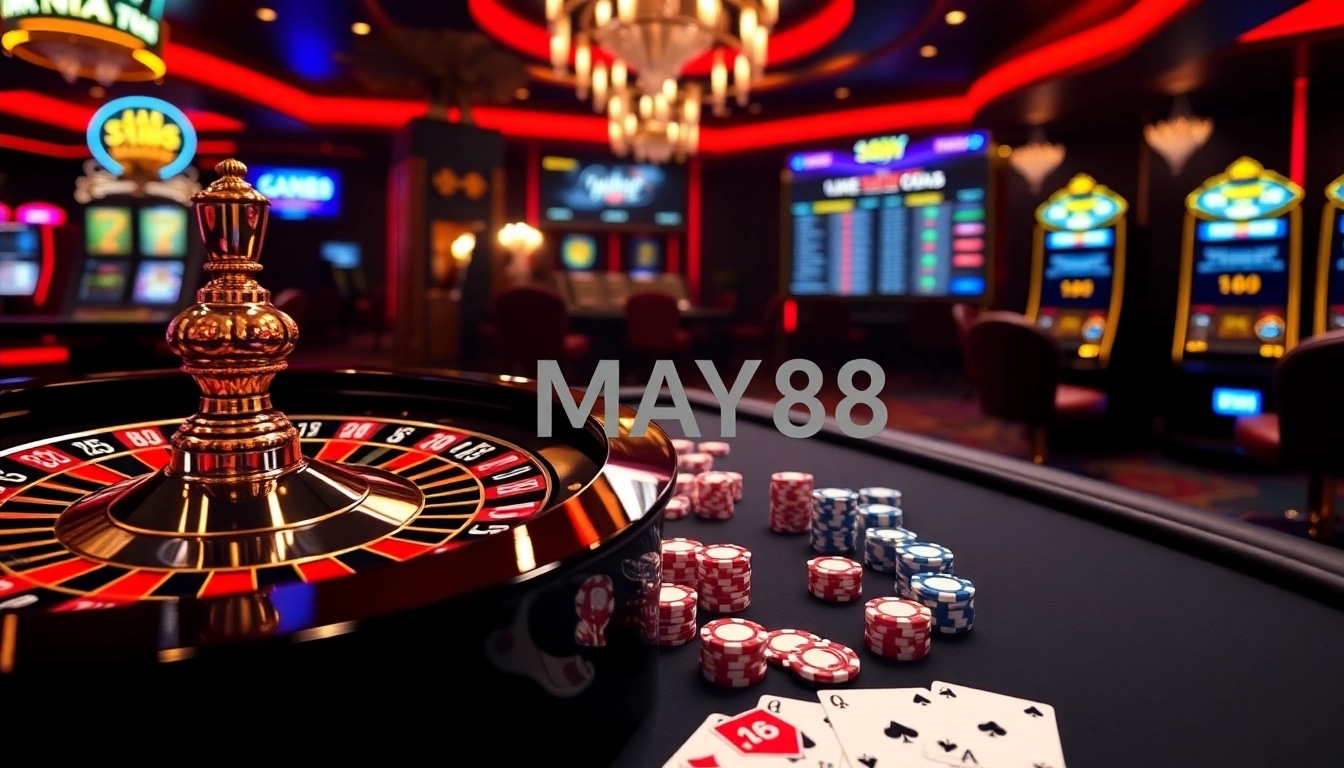Experience the excitement of gambling at MAY88 with a dynamic casino scene.