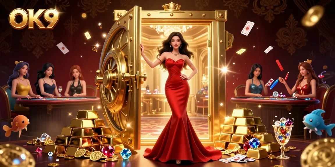 Engage in exciting gameplay at OK9, featuring vibrant casino elements like cards, chips, and golden treasures.