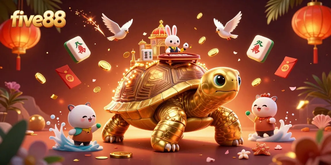 Experience the excitement of five88 casino with a vibrant 3D scene featuring a golden tortoise and a rabbit dealer.