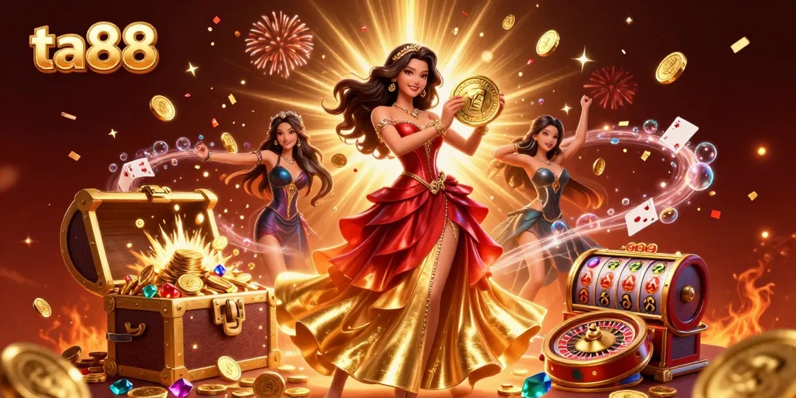 Experience winning moments at ta88 with a stunning casino-themed illustration featuring a gorgeous woman and shimmering coins.