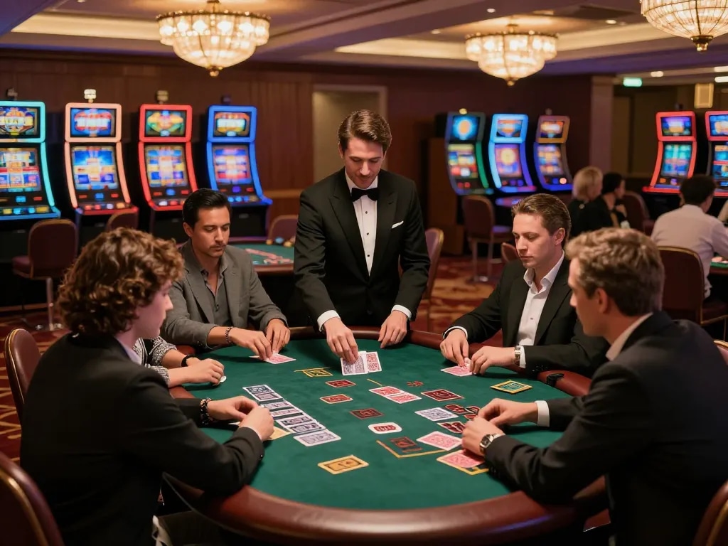 Players at SC88 Com blackjack table concentrate on their game in a luxurious casino atmosphere