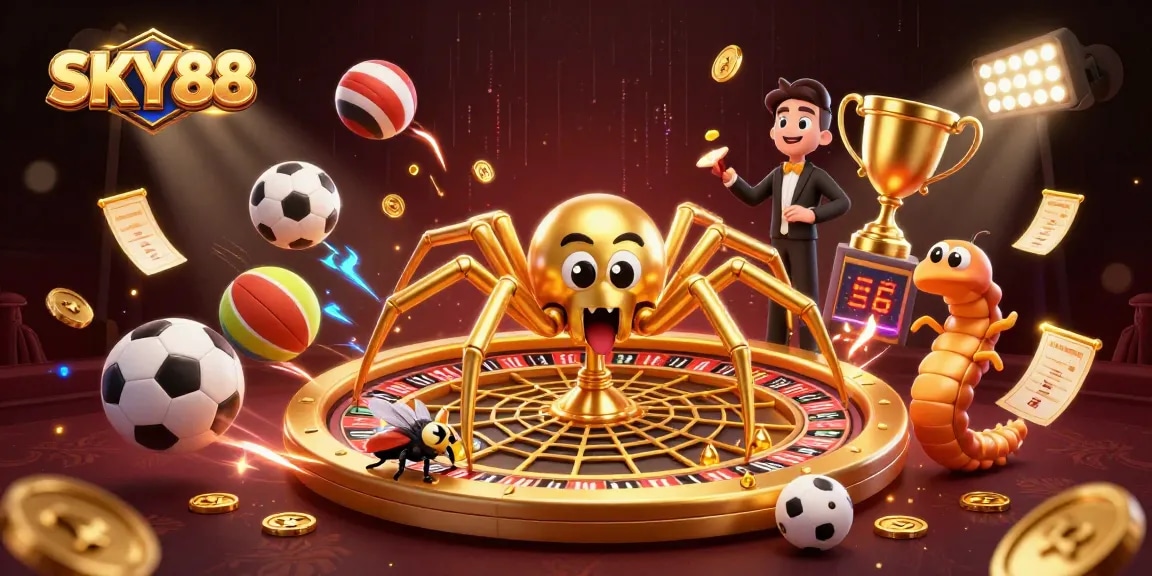 SKY88 Casino features an animated 3D spider and centipede at a betting scene.
