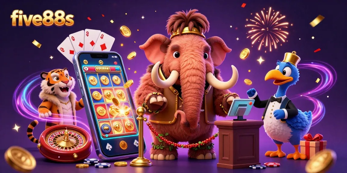 Engage with five88s at a lively casino scene featuring unique characters enjoying slot games.