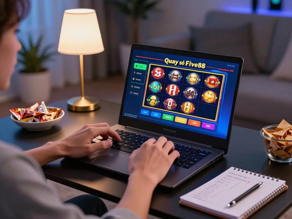Experience thrilling Quay số five88 on a sleek laptop during an inviting evening gaming session with snacks and strategy notes.