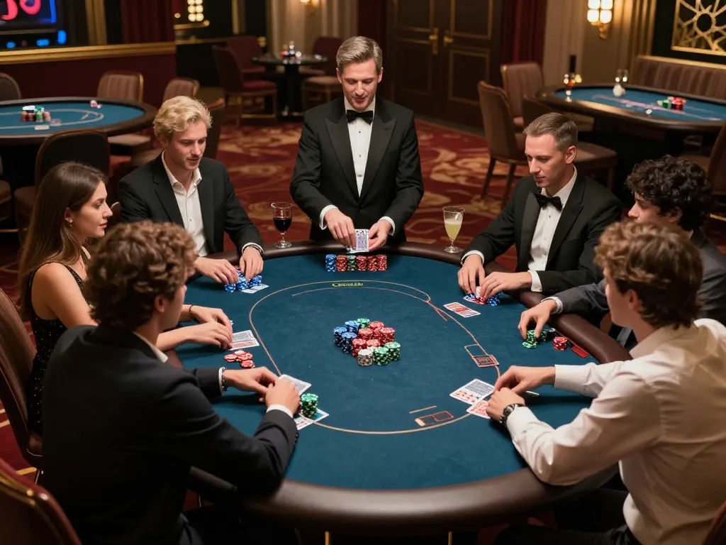 High-stakes poker game scene showcasing da88 dealer engaging competitively with players and chips