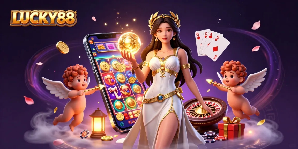 Engage with LUCKY88 through an immersive 3D illustration showcasing captivating casino elements including slot games and winning symbols.