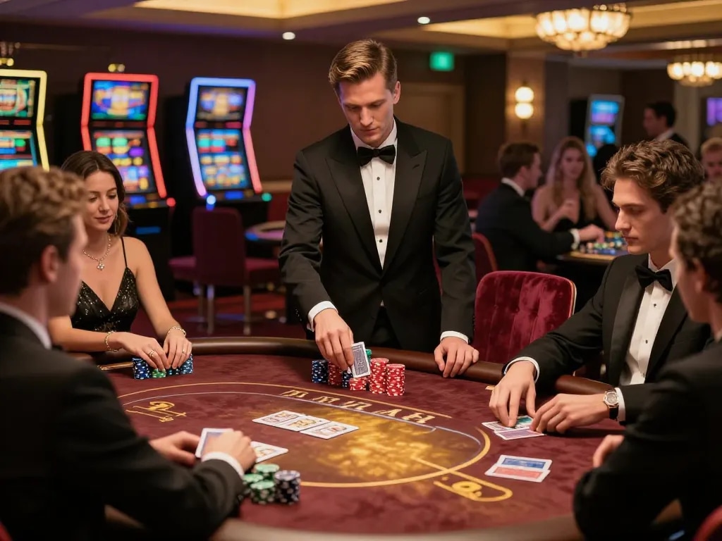 Engaged players in an elegant casino poker game at vu88a showcasing strategic betting and excitement.