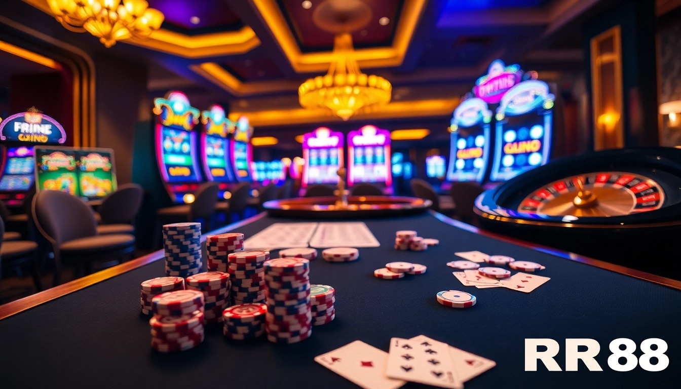 Experience the excitement of RR88 with poker chips and vibrant casino tables.