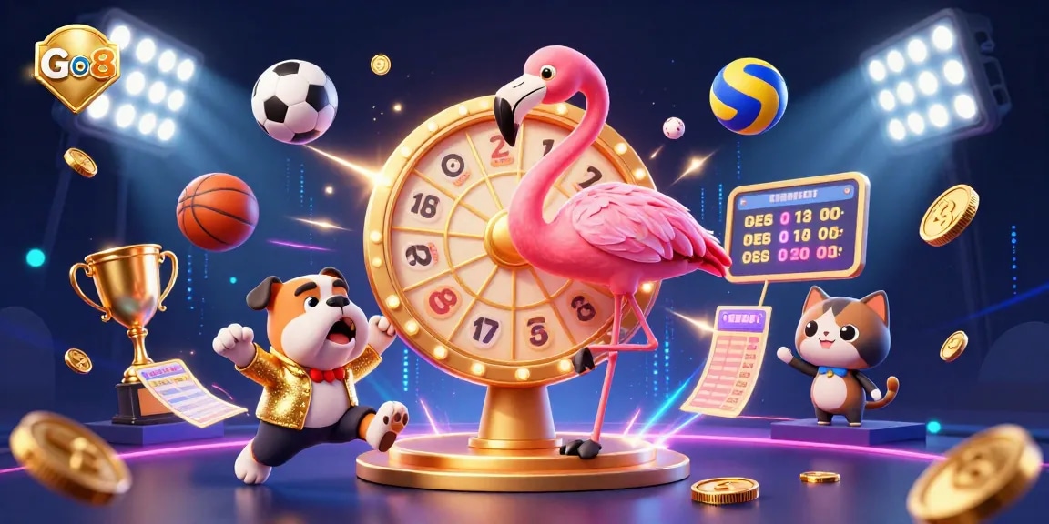 Spin the Go8 prize wheel and discover exhilarating sports betting action in a lively casino scene.