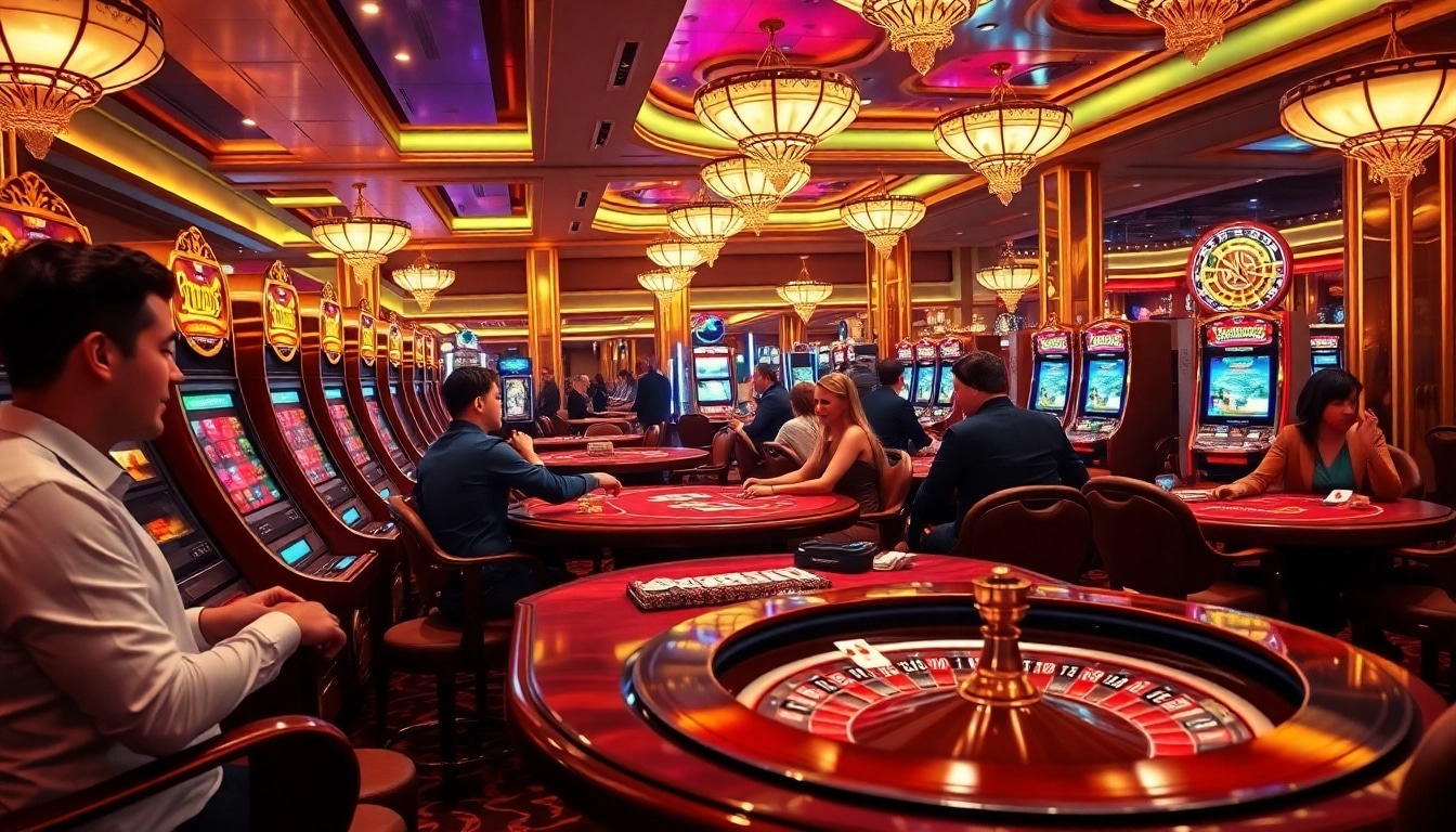 A dynamic casino scene at https://33win.free/, showcasing thrilling poker action with players engaged at luxurious tables.