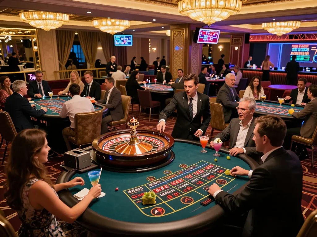 Nohu casino scene with players engaging in lively roulette game, vibrant atmosphere of excitement