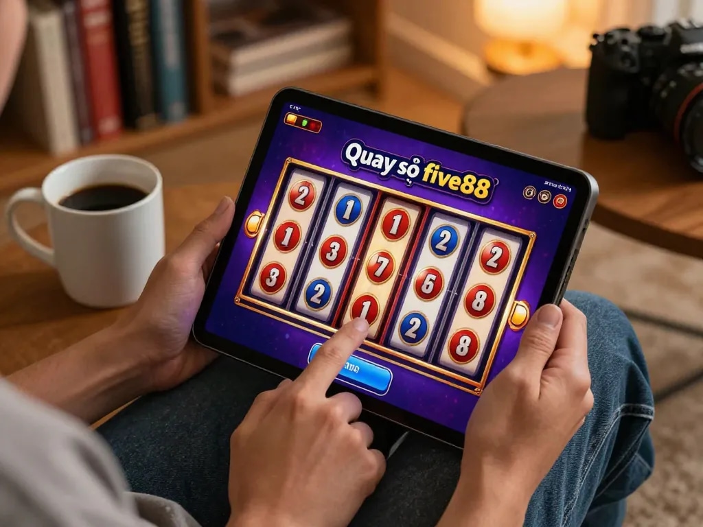 Engaging in Quay số five88 online slots, vibrant interface displayed on tablet