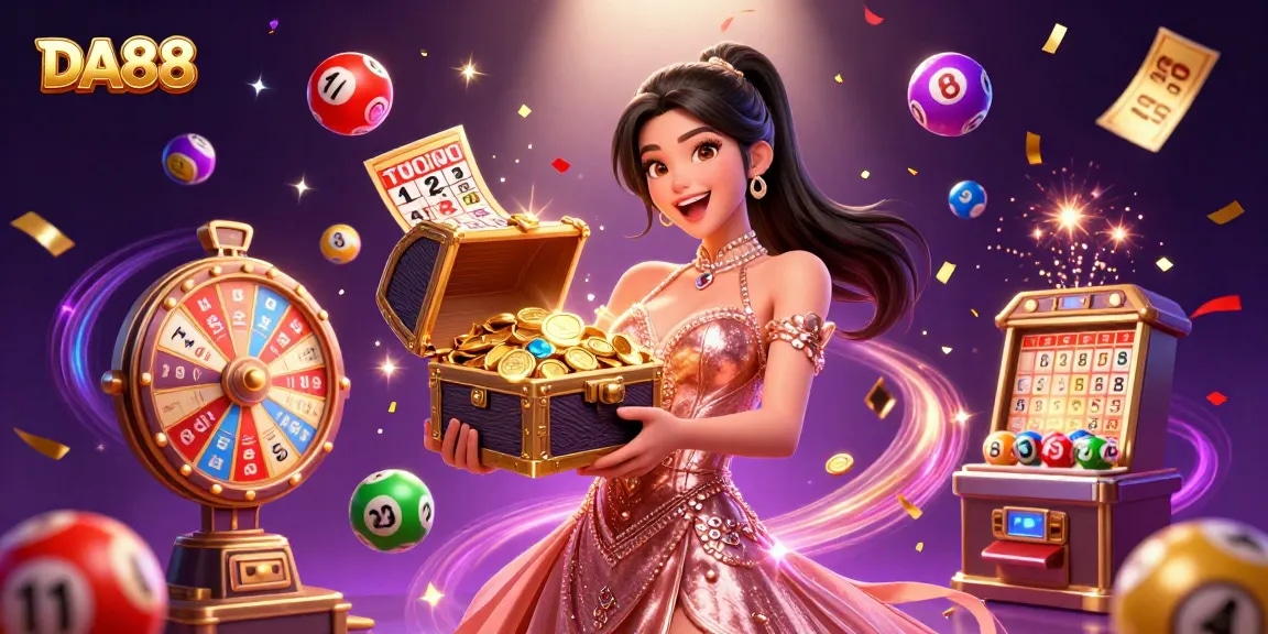 Engage with DA88 gaming excitement featuring a joyful woman with golden treasures amidst vibrant gambling elements.
