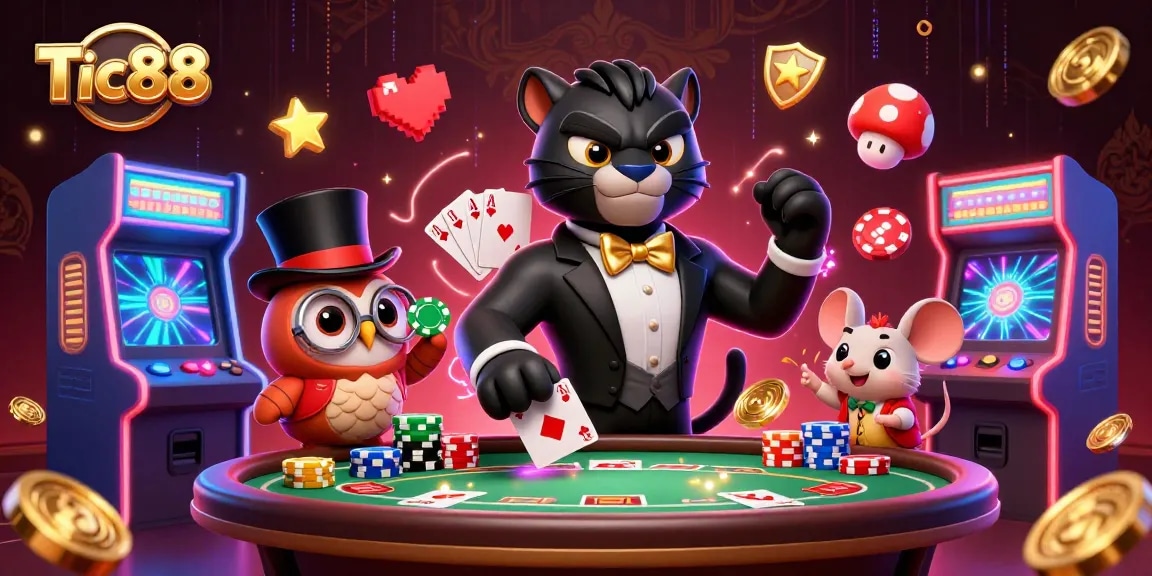 Tic88 showcases a stylish panther dealer and companions in an exciting casino setting.