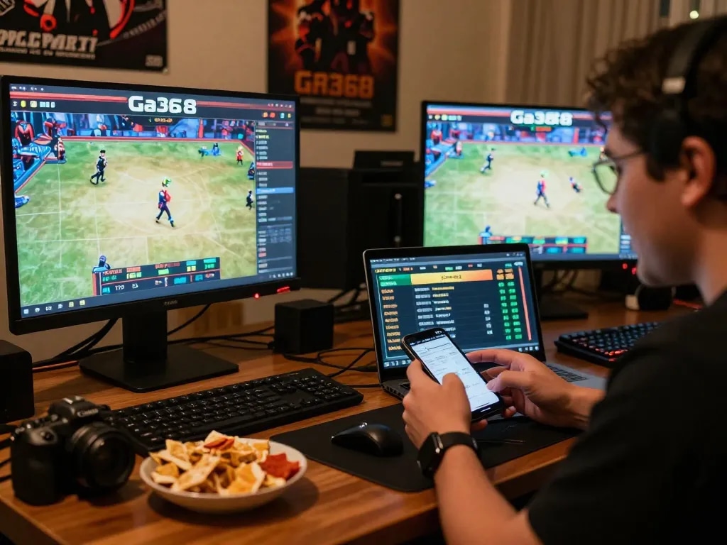 Engaged player betting on Ga368 online cockfighting match, vibrant home gaming setup.