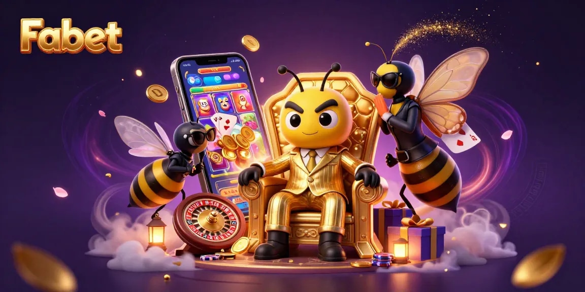 Engage with Fabet's thrilling gambling experience, featuring a charming bumblebee mob boss in a vibrant casino-themed scene.