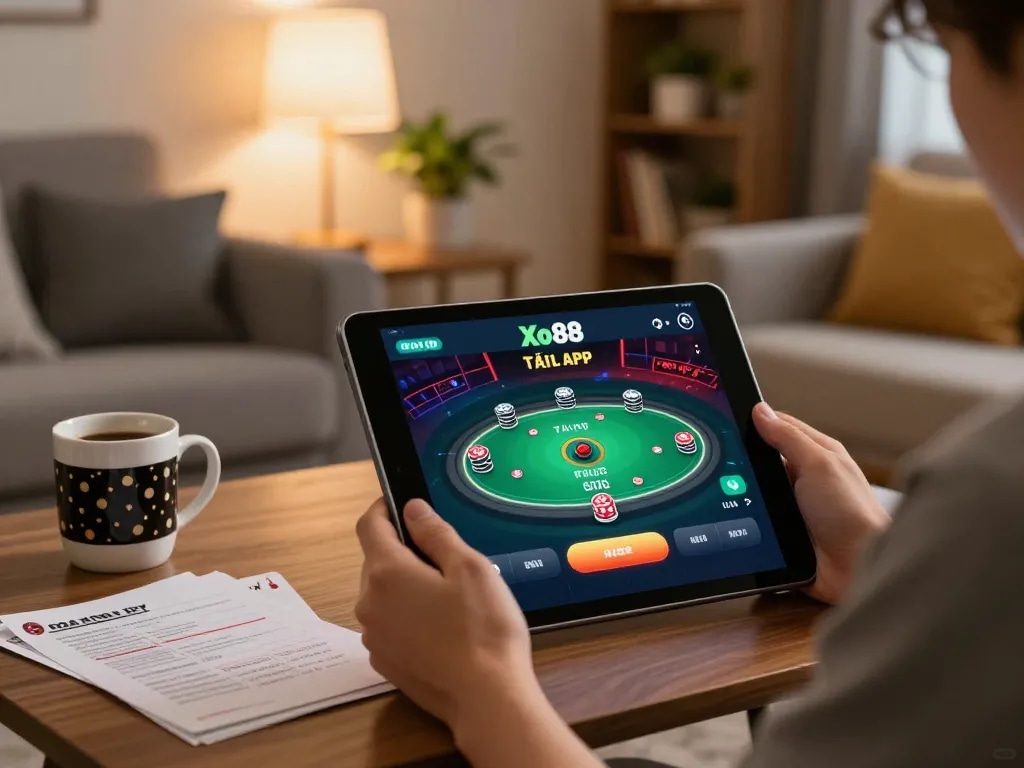 Tải app Xo88 for online gaming showcased on tablet in cozy living room setting.