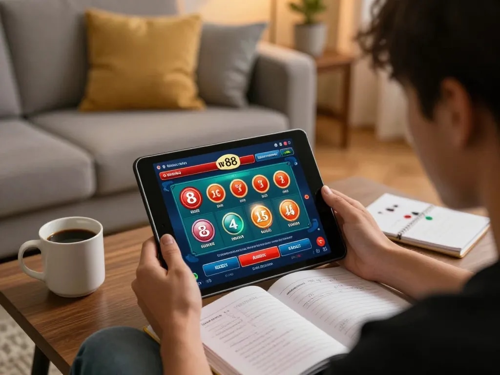 w 88 player engaging in casino games on tablet in a cozy home environment.